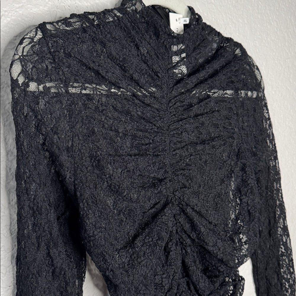NWT Naked Wardrobe Black Lace Sheer Long Sleeve Bodysuit Large Ruched Mock Neck - Picture 4 of 11